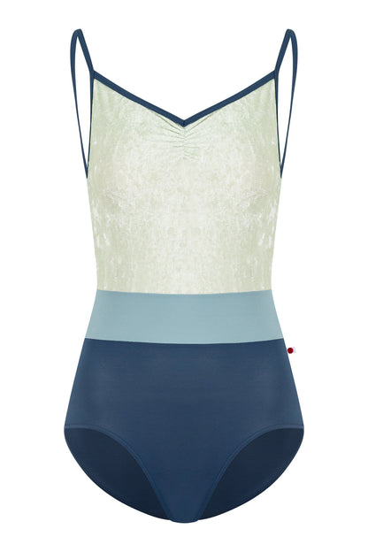 Micah leotard in T-Storm body & trim color with CV-Pistachio top color and T-Fog middle band color