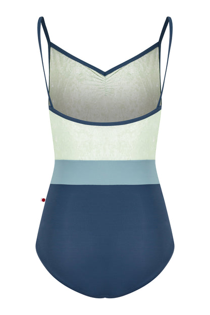 Micah leotard in T-Storm body & trim color with CV-Pistachio top color and T-Fog middle band color
