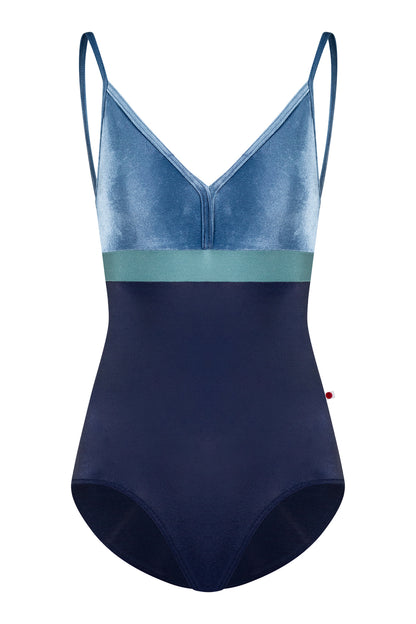 Zoe leotard in N-Dark Blue body color with V-Ocean top & trim color and N-Frost middle band color