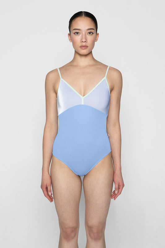 Daria leotard in T-Paradise body color with V-Serenade top color and T-Pistachio trim color