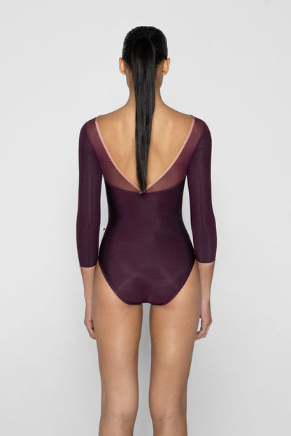 Jane 3q sleeves leotard in N-Opera body color with Mesh Opera top color and N-Rosewood trim color