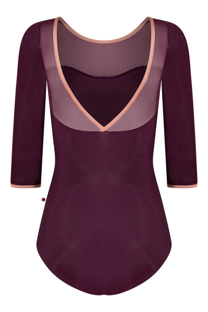 Jane 3q sleeves leotard in N-Opera body color with Mesh Opera top color and N-Rosewood trim color