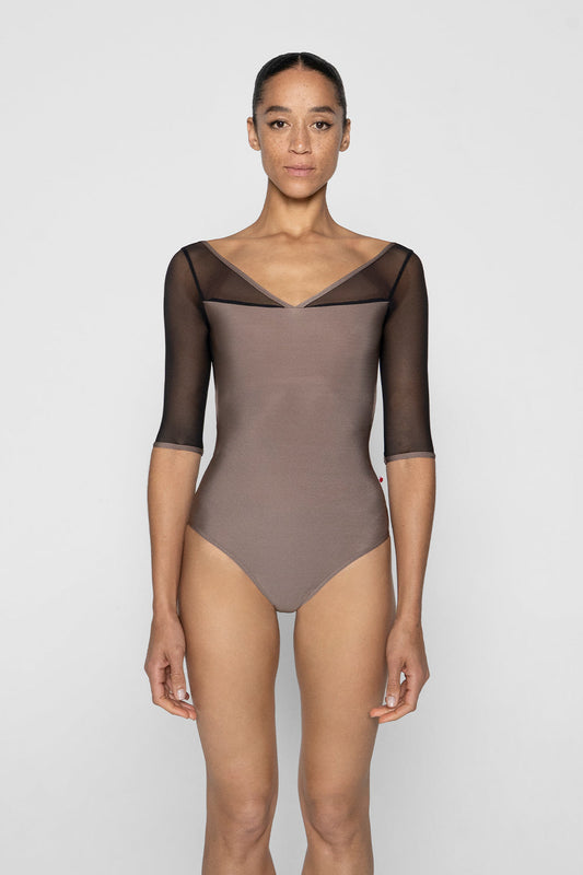 Masha leotard in N-Star body color with Mesh Black top color & Half sleeves and N-Star trim color