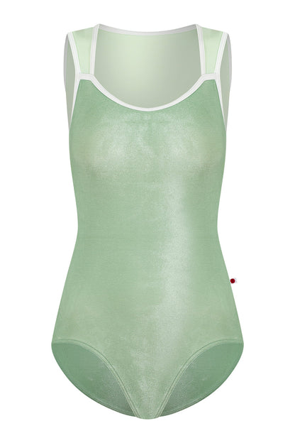 Becky leotard in V-Meadow body color with T-Pistachio top color and T-White trim color