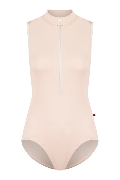 Jessica leotard in T-Misty Rose body color with T-White trim and zipper color