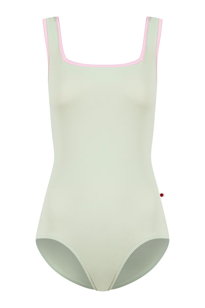 Kids Marieke leotard in T-Pistachio body color with T-Rose trim color