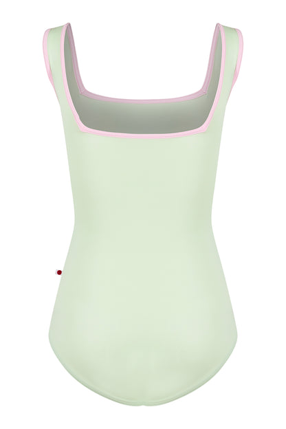 Kids Marieke leotard in T-Pistachio body color with T-Rose trim color