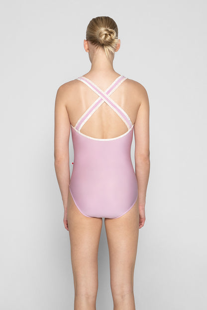 Sonoya leotard in N-Confetti body color with CV-Misty Rose trim color