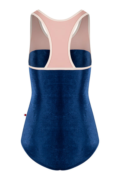 Erica leotard in V-Pisces body color with T-Petal top color and T-Misty Rose trim color