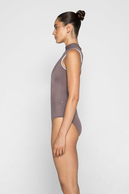 Natasha leotard in T-Phantom body color with V-Serenade trim color