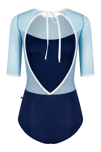 Olivia leotard in T-Cosmo body color with Mesh Glacier top color & half sleeves and T-White trim color