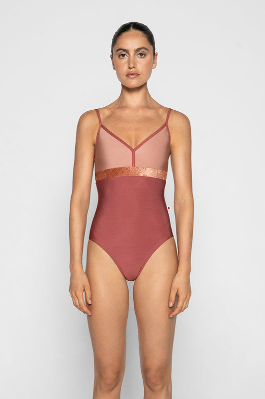 Zoe leotard in N-Fox body & trim color with N-Rosewood top color and CV-Amaretto middle band color