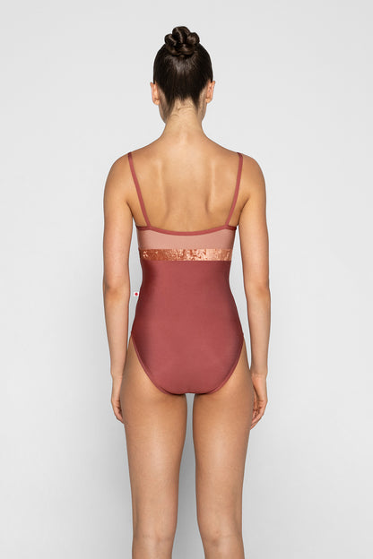 Zoe leotard in N-Fox body & trim color with N-Rosewood top color and CV-Amaretto middle band color