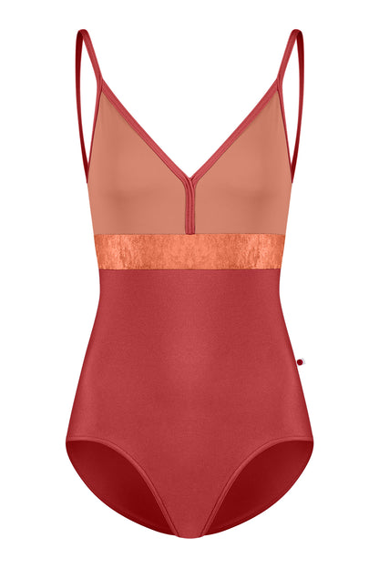 Zoe leotard in N-Fox body & trim color with N-Rosewood top color and CV-Amaretto middle band color