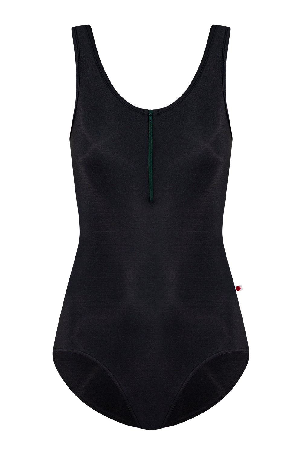 Cora leotard in N-Black body color with N-Black trim color and V-Orbit zipper and side stripe color