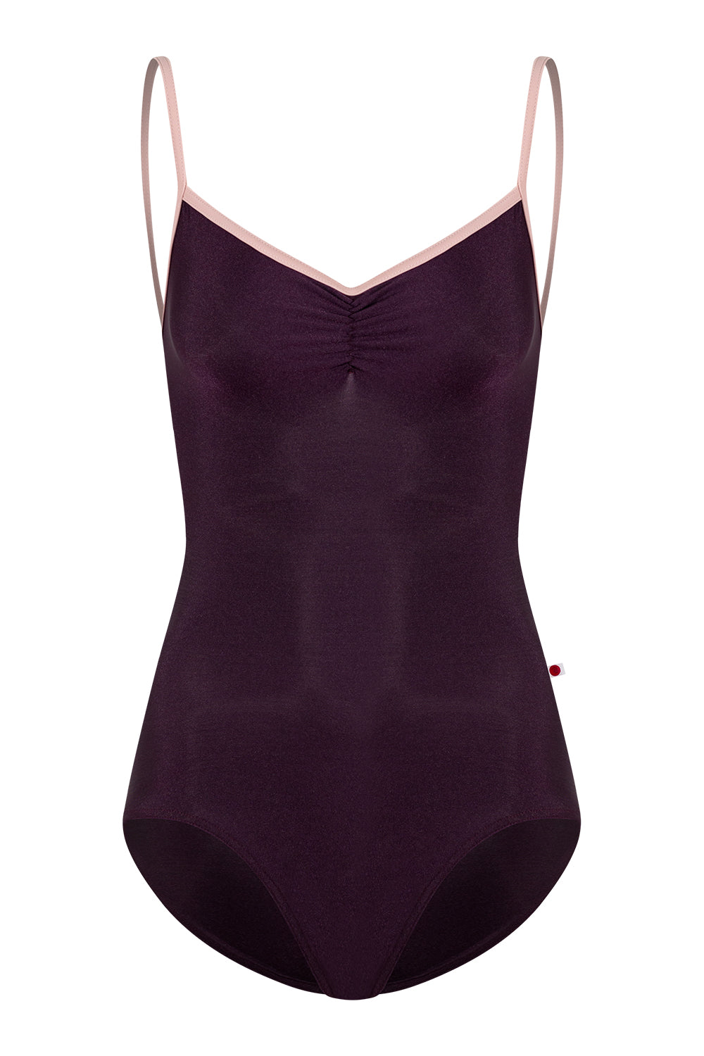 Kiki pinch leotard in N-Eggplant body color with T-Petal trim color