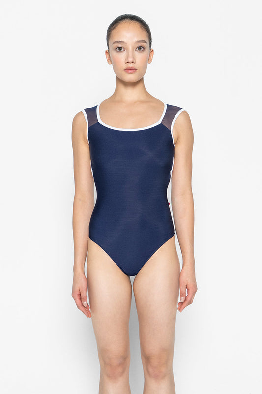 Lauren leotard in N-Dark Blue body color with Mesh Dark Blue top color and T-White trim color