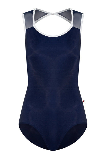 Lauren leotard in N-Dark Blue body color with Mesh Dark Blue top color and T-White trim color