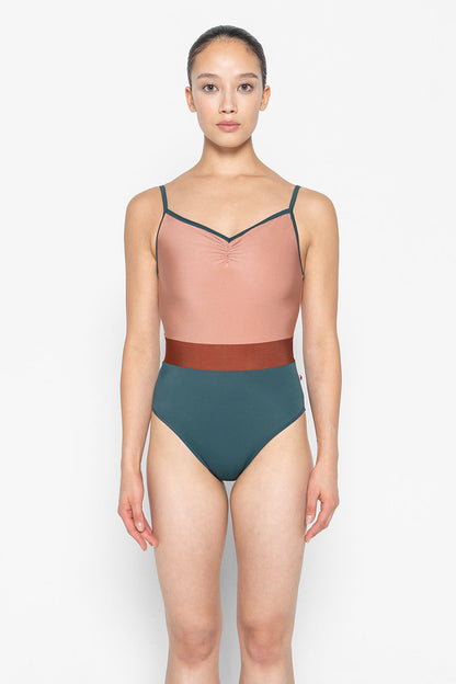 Micah leotard in T-Kale body & trim color with N-Rosewood top color and N-Bronze middle band color