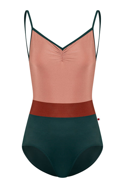 Micah leotard in T-Kale body & trim color with N-Rosewood top color and N-Bronze middle band color