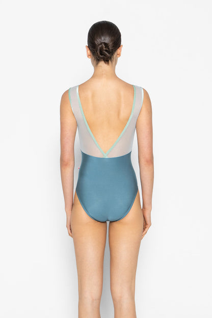 Alicia leotard in N-Frost body color with N-Ginko & Mesh Whisper top color and V-Meadow trim color 