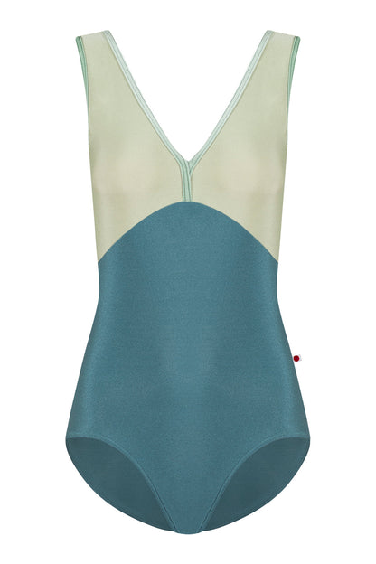 Alicia leotard in N-Frost body color with N-Ginko & Mesh Whisper top color and V-Meadow trim color 