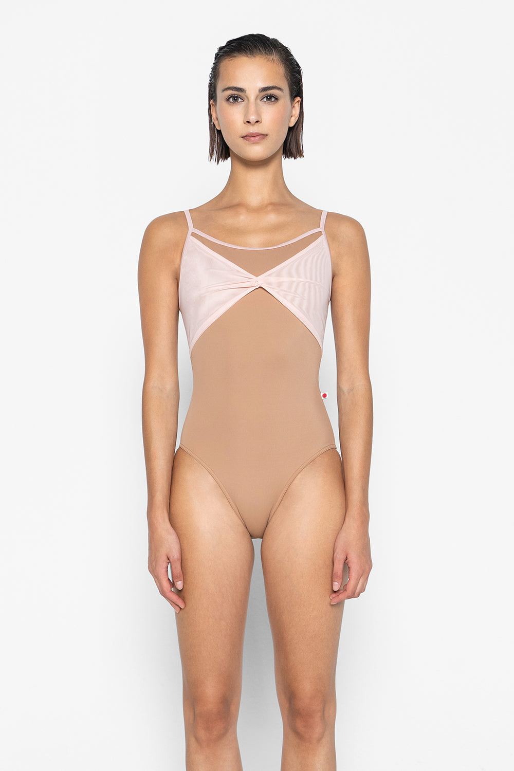 Kathy leotard in T-Sepia body color, T-Petal trim color with Mesh Blush overlay