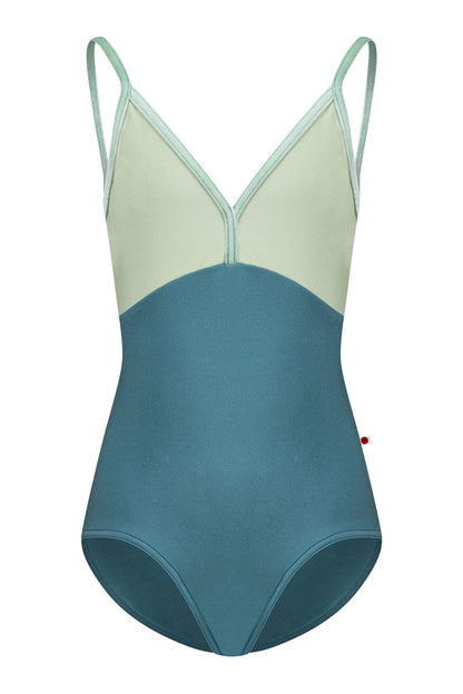 Kids Daria leotard in N-Frost body color with N-Ginko top color and V-Meadow trim color