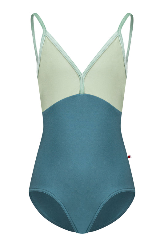 Kids Daria leotard in N-Frost body color with N-Ginko top color and V-Meadow trim color