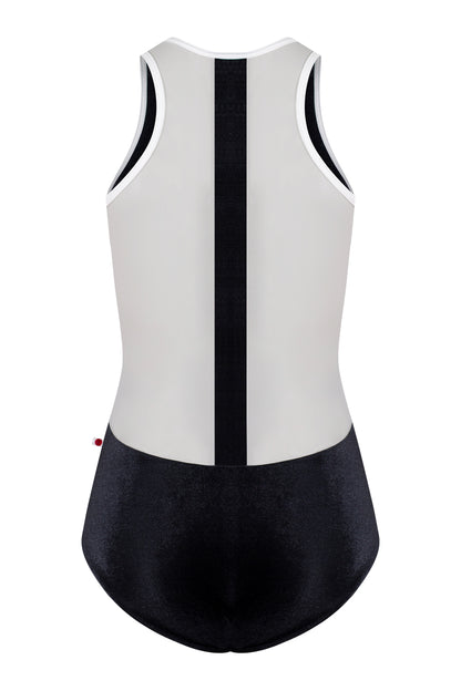 Sasha leotard in V-Black body color with Mesh White top color and T-White trim & zipper color