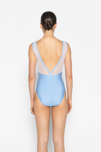 Alicia leotard in N-Moontide body color with V-White & Mesh White top color and N-Moontide trim color