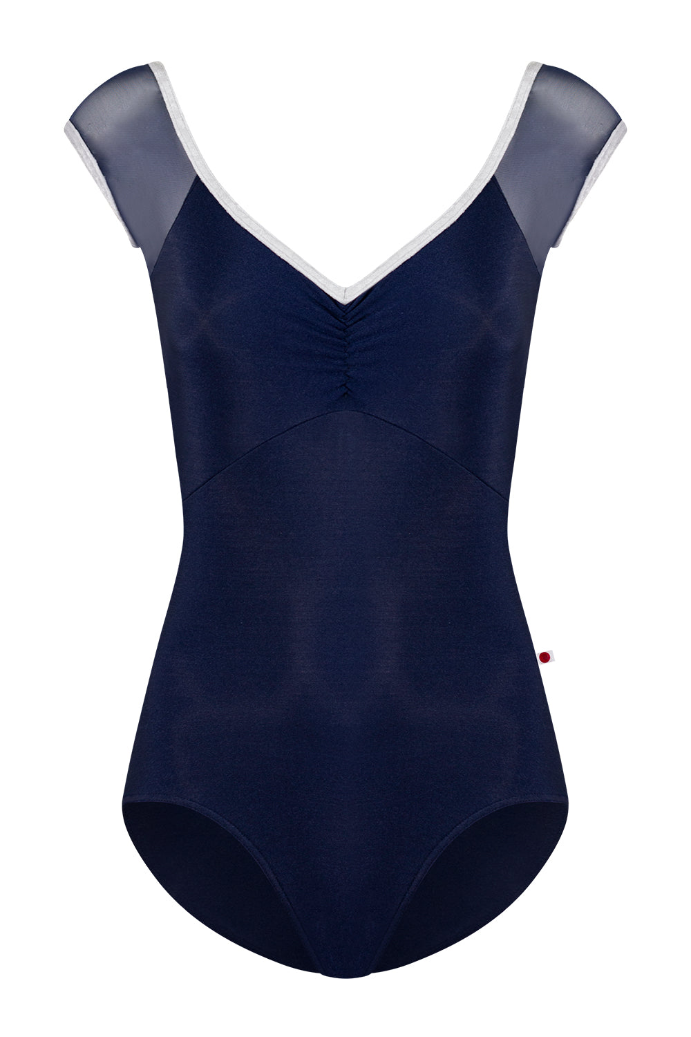 Elli leotard in N-Dark Blue body & top color with Mesh Dark Blue and CV-Silver trim color