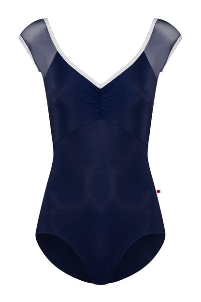 Elli leotard in N-Dark Blue body & top color with Mesh Dark Blue and CV-Silver trim color