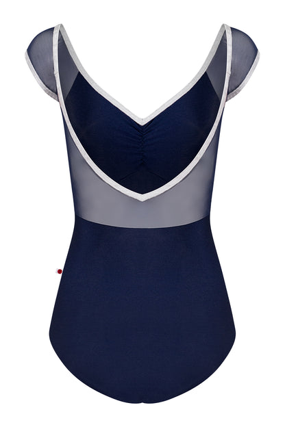 Elli leotard in N-Dark Blue body & top color with Mesh Dark Blue and CV-Silver trim color
