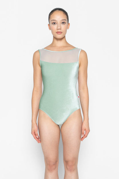 Meagan leotard in V-Meadow body & trim color with Mesh Whisper top color