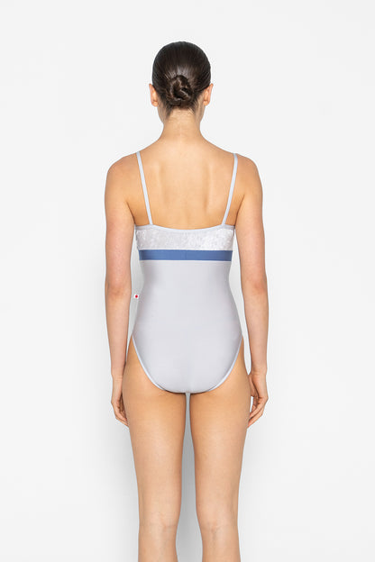 Zoe leotard in N-Silver body & trim color with CV-Silver top color and N-Arctic middle band color