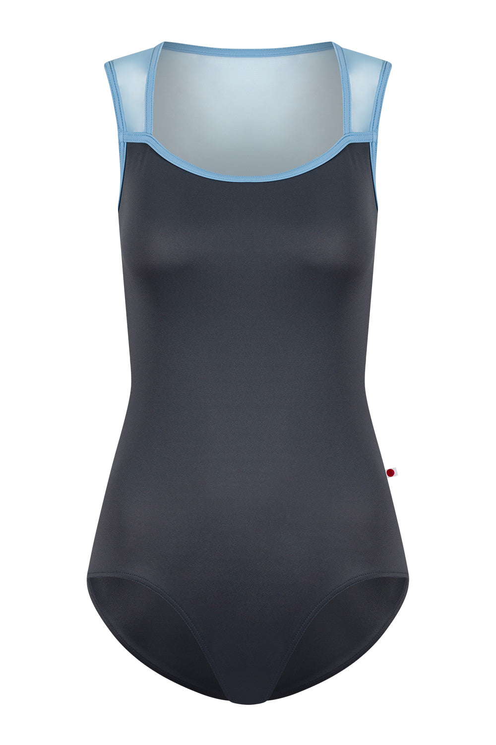 Becky leotard in T-Titanium body color with Mesh Glacier top color and T-Bluebell trim color