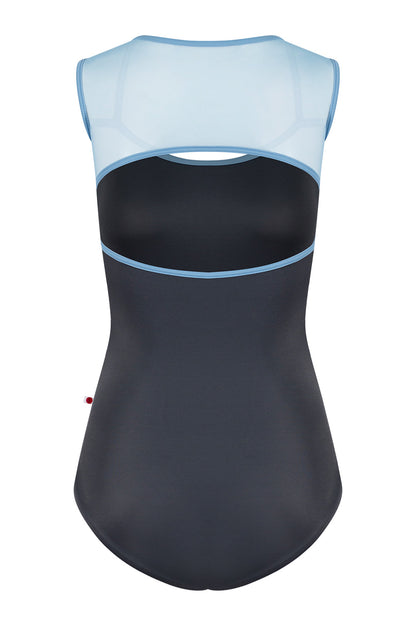 Becky leotard in T-Titanium body color with Mesh Glacier top color and T-Bluebell trim color