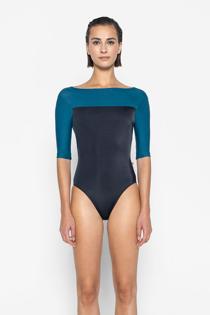 Olivia leotard in T-Black body color with T-Zenith top & trim color and half sleeves