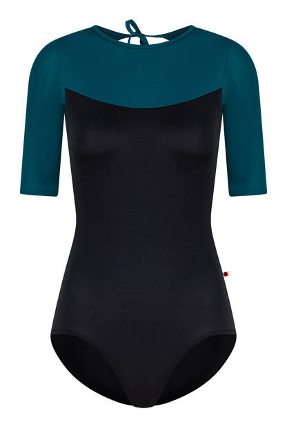 Olivia leotard in T-Black body color with T-Zenith top & trim color and half sleeves