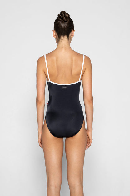 Kathy black label leotard in T-Black body color with Velvet Flocking Mesh top color and V-White trim color