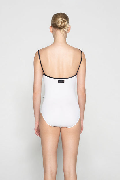 Kathy black label leotard in T-White body color with Velvet Flocking Mesh top color and V-Black trim color
