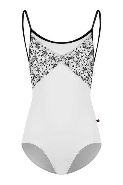 Kathy black label leotard in T-White body color with Velvet Flocking Mesh top color and V-Black trim color