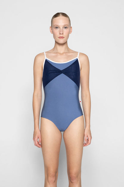 Kathy leotard in N-Arctic body color, CV-White trim color with Mesh Dark Blue overlay