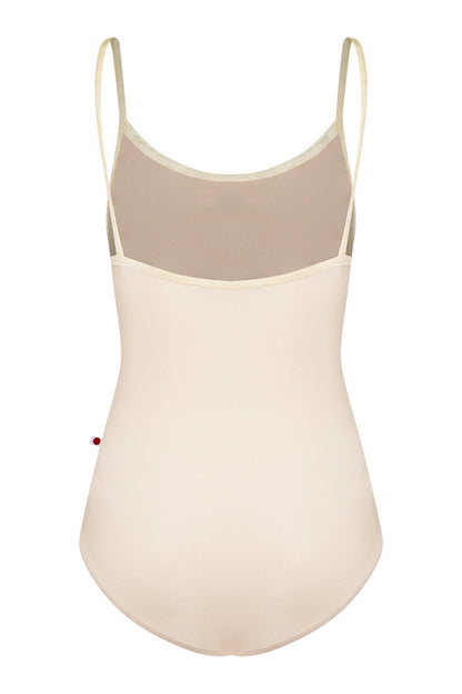 Kathy leotard in N-Pearl body color, CV-Vanilla trim color with Mesh Vanilla overlay