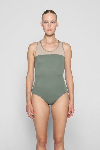 Erica leotard in T-Sage body color with T-Mosaic top color and N-Toffee trim color