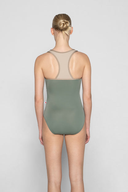 Erica leotard in T-Sage body color with T-Mosaic top color and N-Toffee trim color