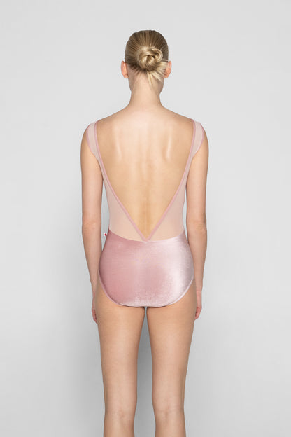 Gina mesh leotard in V-Dreamy body color with Mesh Blush top color and N-Antique Rose trim color