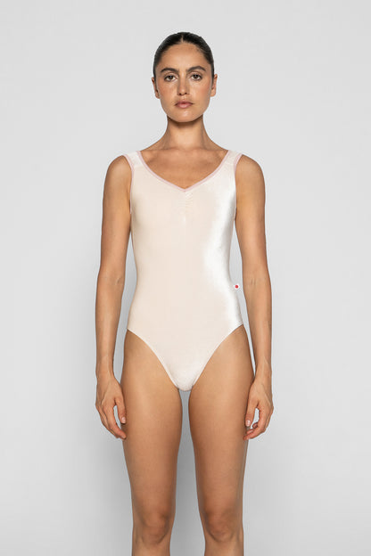 Tiffany leotard in V-Buttermilk body color with T-Petal trim color