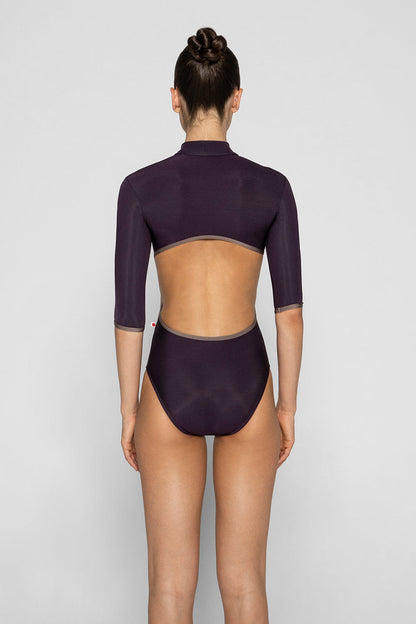 Charlotte leotard in N-Eggplant body color with N-Star trim color and half sleeves